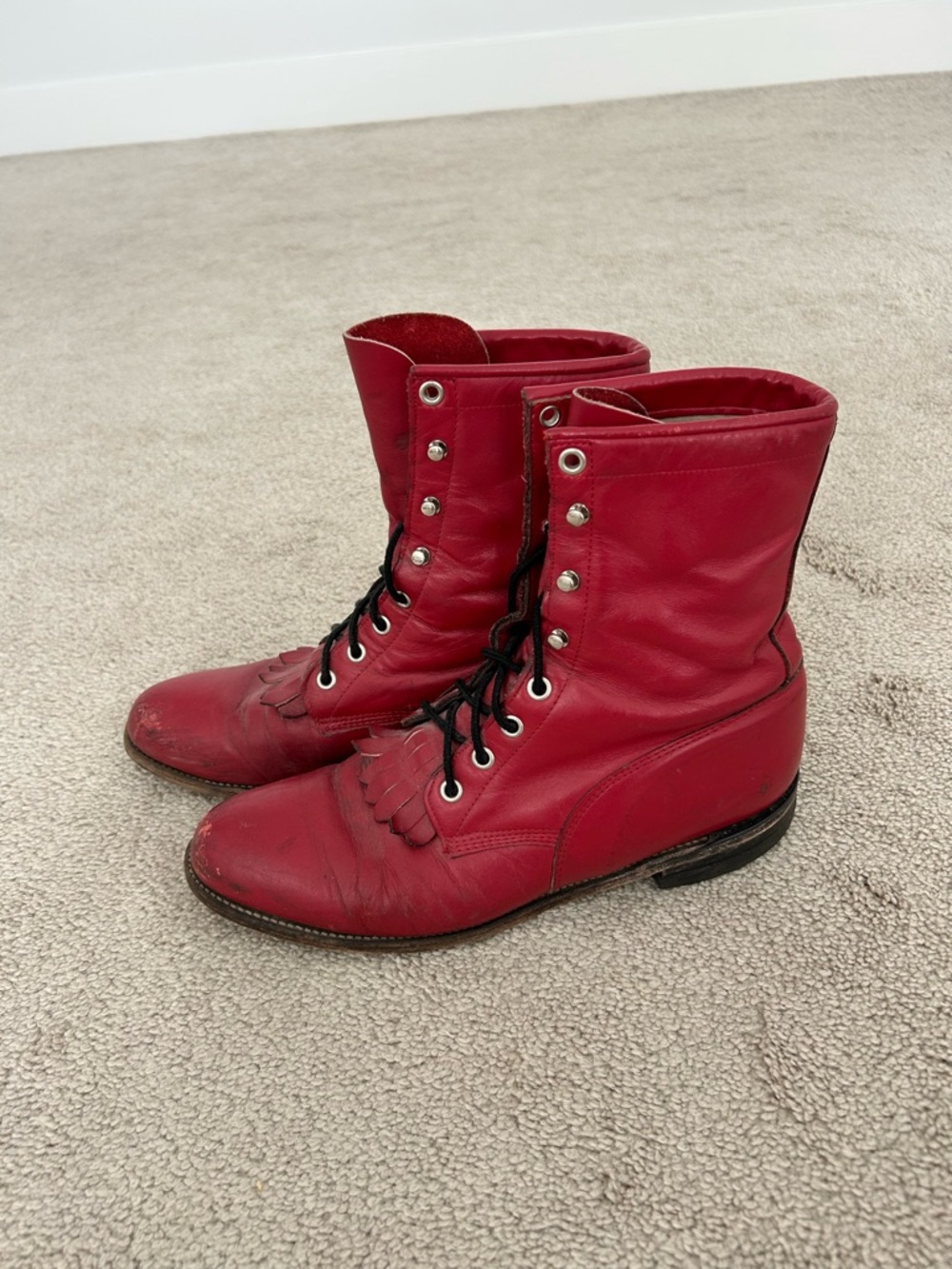 Vintage Red Leather Lace-Up Women's Justin Boots - Picture 3 of 5